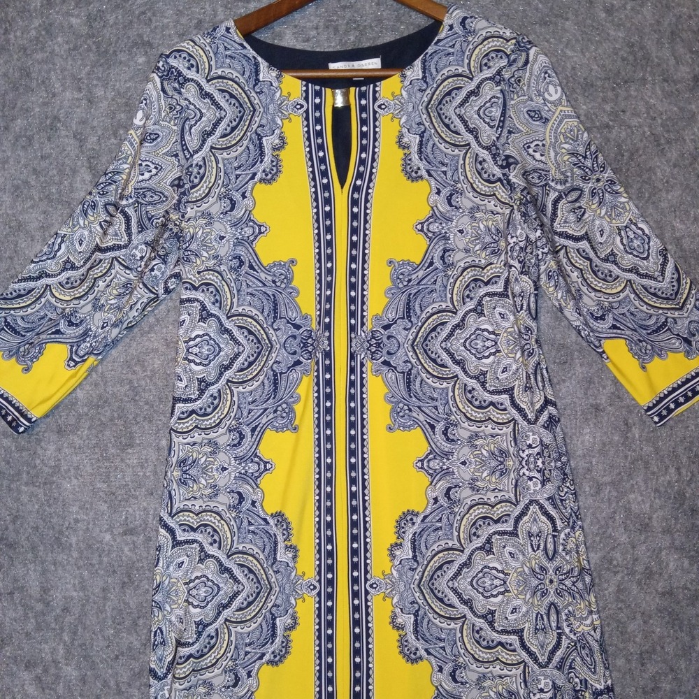 Sandra Darren Shift Dress Women Size 10 Yellow Blue Paisley Keyhole 3/4 Sleeve